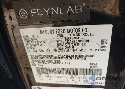 2012 Ford F-150 Fx4 z USA, uszkodzony, nr VIN 1FTFW1EF6CFC11748